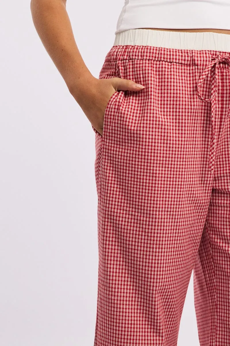 Red Check Wide Leg Pants Contrast Waist