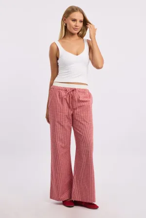 Red Check Wide Leg Pants Contrast Waist