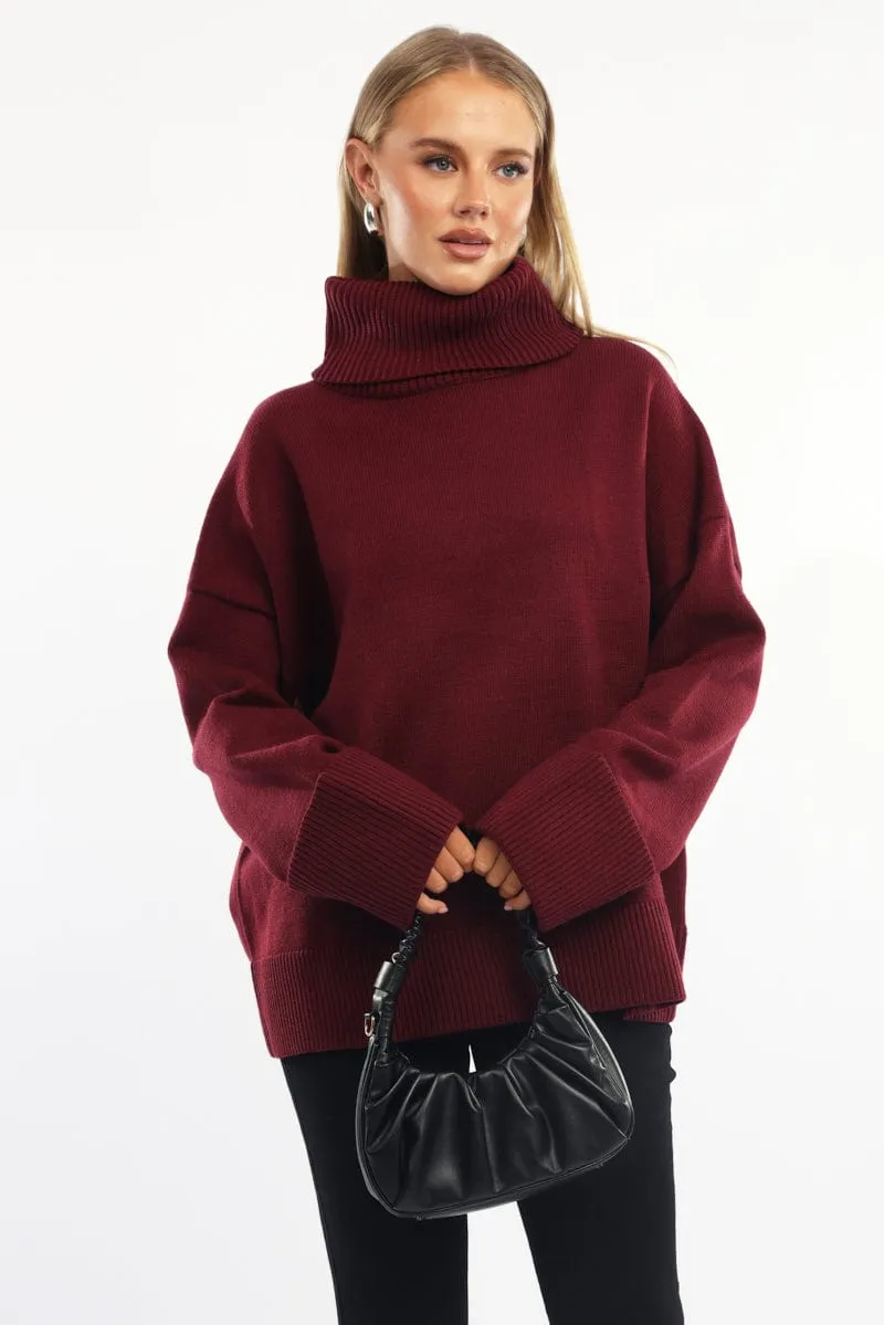 Red Knit Top Long Sleeve Oversized High Neck