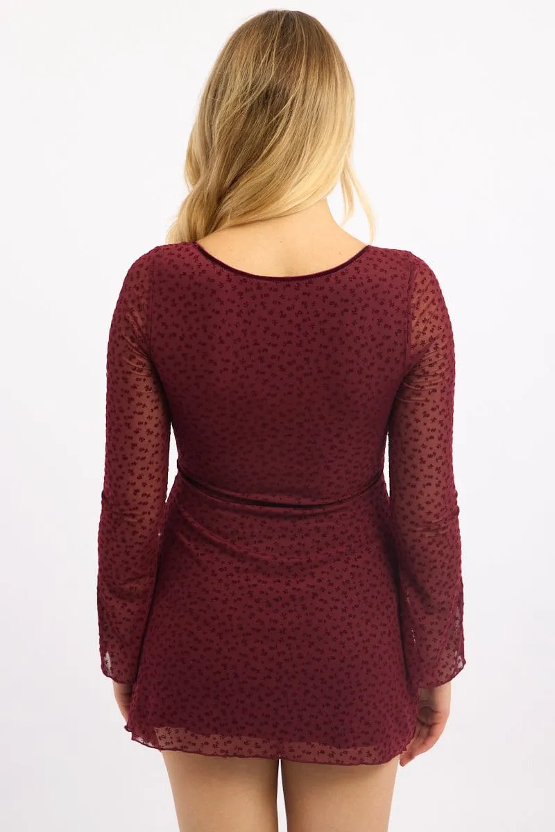 Red Mini Dress Long Sleeve Burn Out