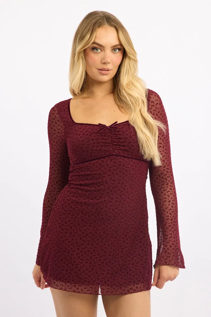 Red Mini Dress Long Sleeve Burn Out