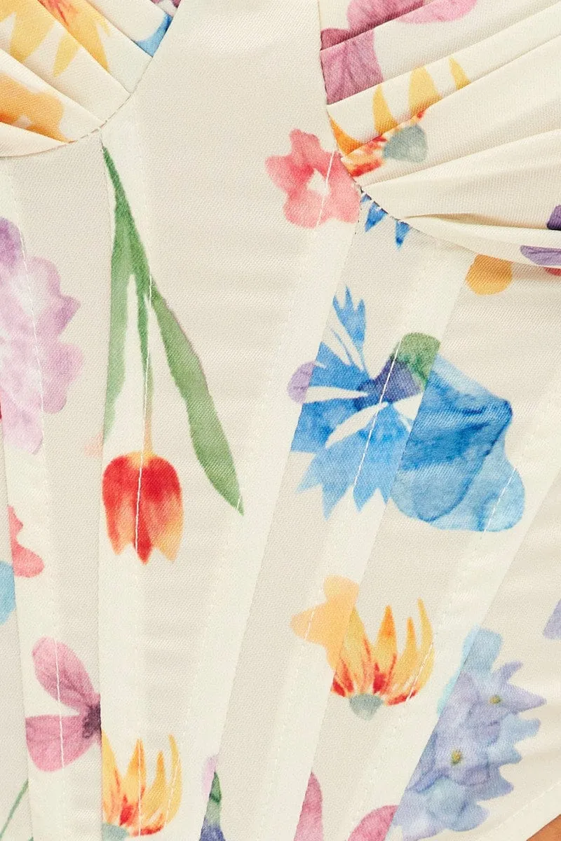 White Floral Floral Print Ruched Corset Top