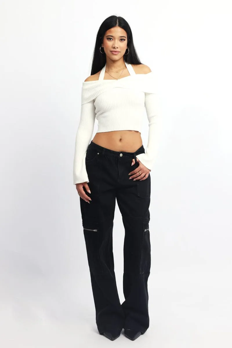 White Knit Top Long Sleeve Off Shoulder Halter
