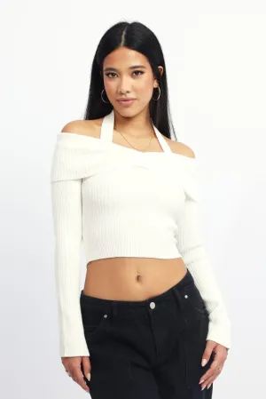 White Knit Top Long Sleeve Off Shoulder Halter