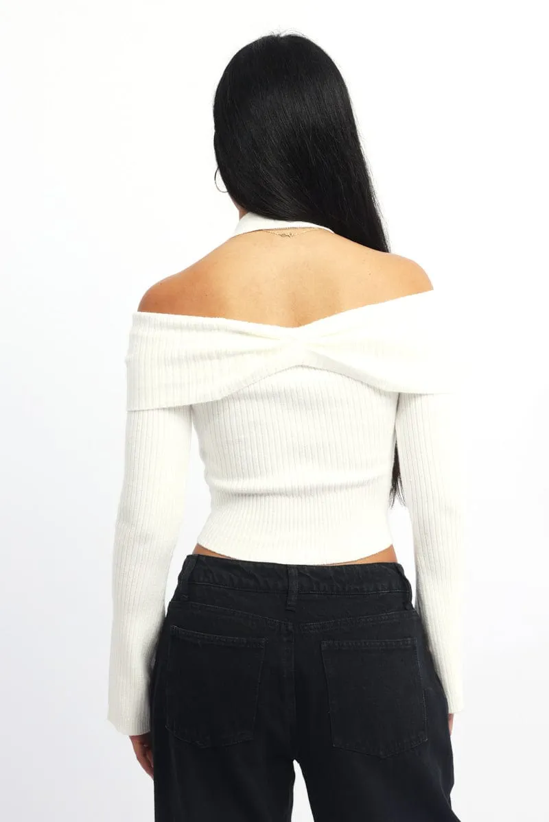 White Knit Top Long Sleeve Off Shoulder Halter