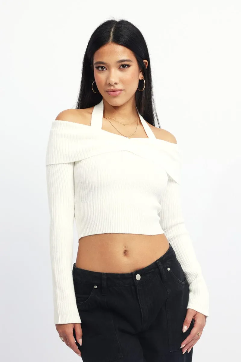 White Knit Top Long Sleeve Off Shoulder Halter