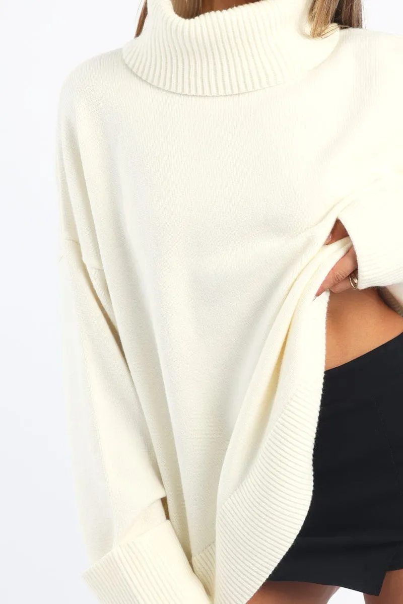 White Knit Top Long Sleeve Oversized High Neck