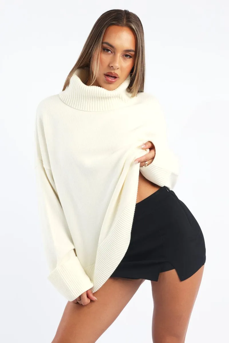 White Knit Top Long Sleeve Oversized High Neck