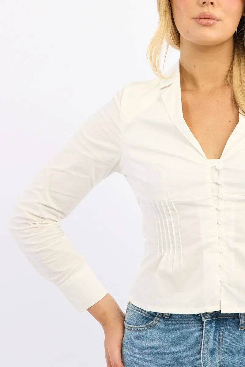 White Long Sleeve Shirt Lapel Collared Button Up